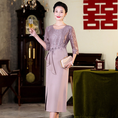 紫色结婚妈妈装旗袍2025新款高贵年轻洋气婚礼喜婆婆婚宴礼服中袖