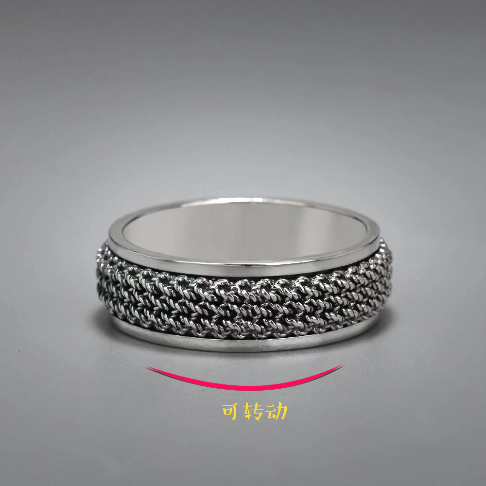 S999纯银麻花旋转戒指个性做旧转动指环女嘻哈学生复古情侣对戒