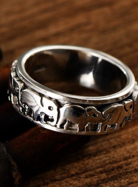 S925纯银饰品手饰泰银简约男士个性转动小象戒指本命年女戒可潮流