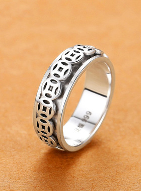 99银可转动复古男士旋转古钱币戒指单身食指指环戒解压男女款个性