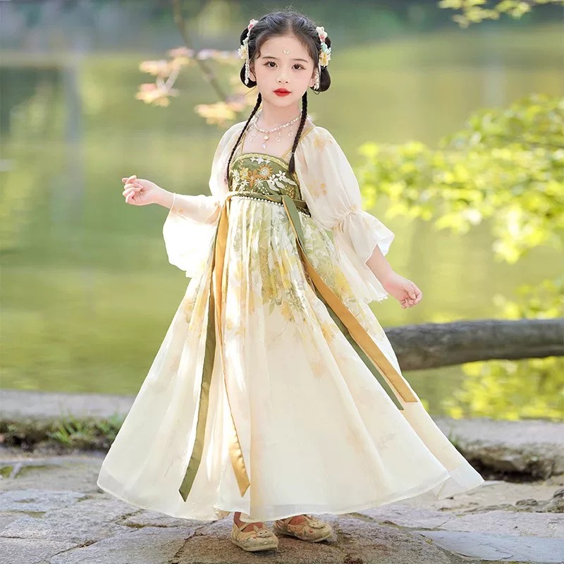 新款秋季女童汉服黄色超仙改良襦裙古风唐装公主连衣裙仙女风古装