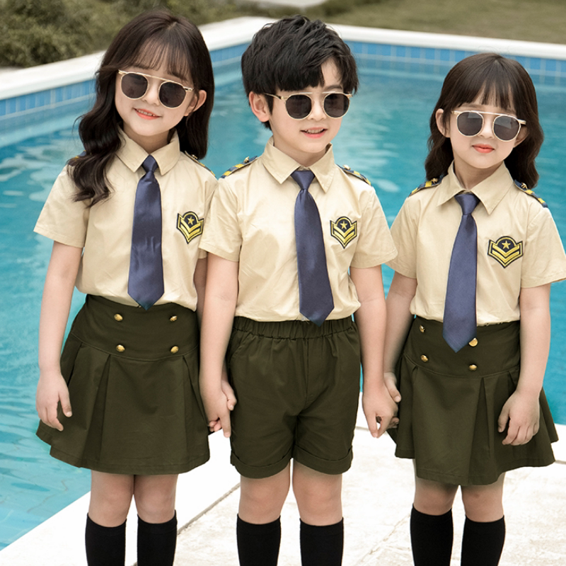 儿童军装演出服男女通用夏装合唱服毕业照表演服卡其色合唱演出服