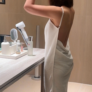 纯棉2025年新款浴巾浴袍纯欲风吊带睡裙女春秋季高级感露背睡衣夏