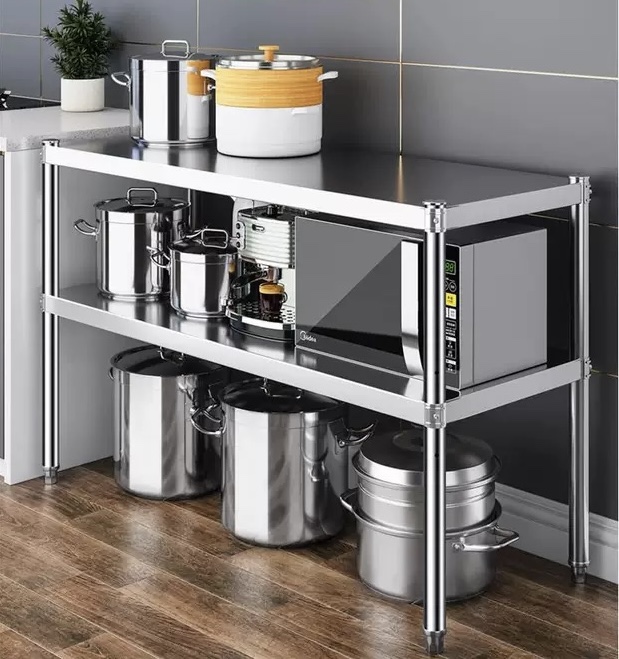 厨房简易两层不锈钢置物架多功能微波炉架烤箱架免打孔收纳架货架