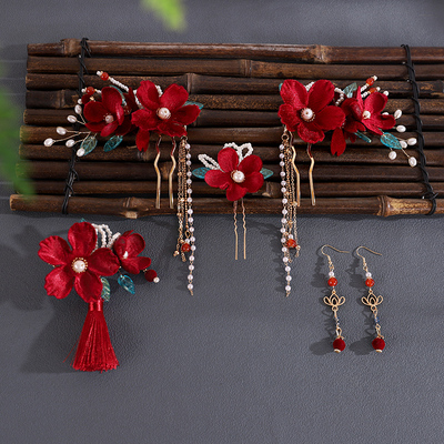 古风流苏红色花朵汉服头饰