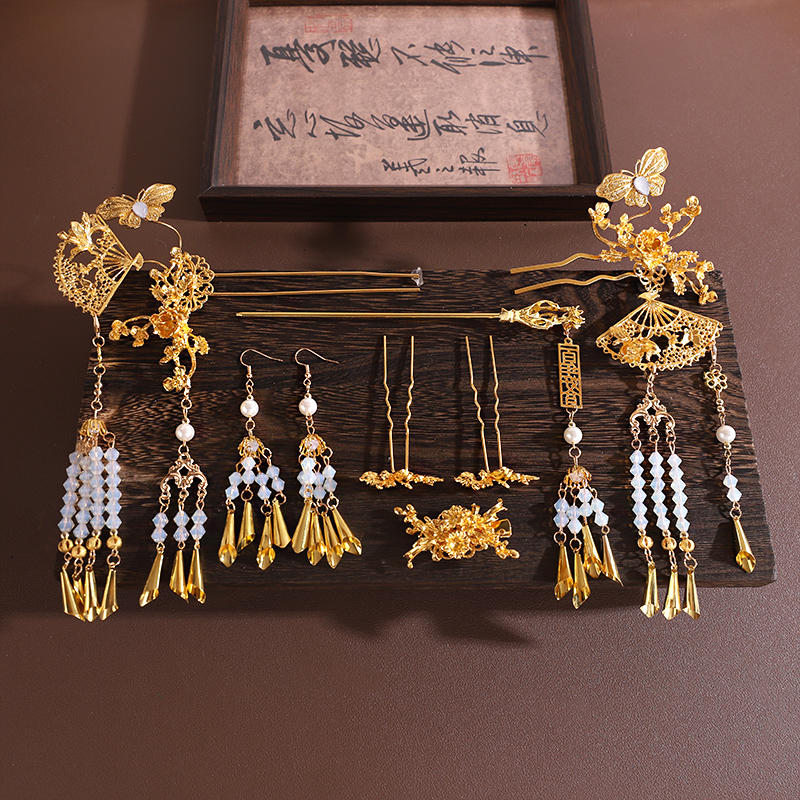 新娘头饰金色蝶扇发钗新中式花朵发簪中式龙凤褂秀禾礼服发饰套装