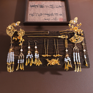 新娘头饰金色蝶扇发钗新中式花朵发簪中式龙凤褂秀禾礼服发饰套装