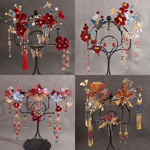 新款减龄新娘头饰秀禾服红蓝中式古典古风花朵流苏蝴蝶发簪发饰品