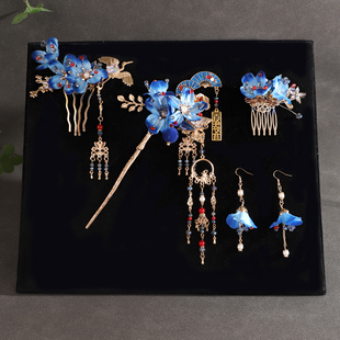 新款中式古风秀禾头饰汉服流苏新娘蓝色结婚小众发饰配饰婚礼发簪