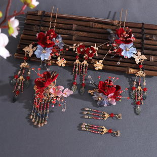 中式秀禾头饰发簪汉服流苏新款红色古风步摇发饰结婚新娘饰品配饰