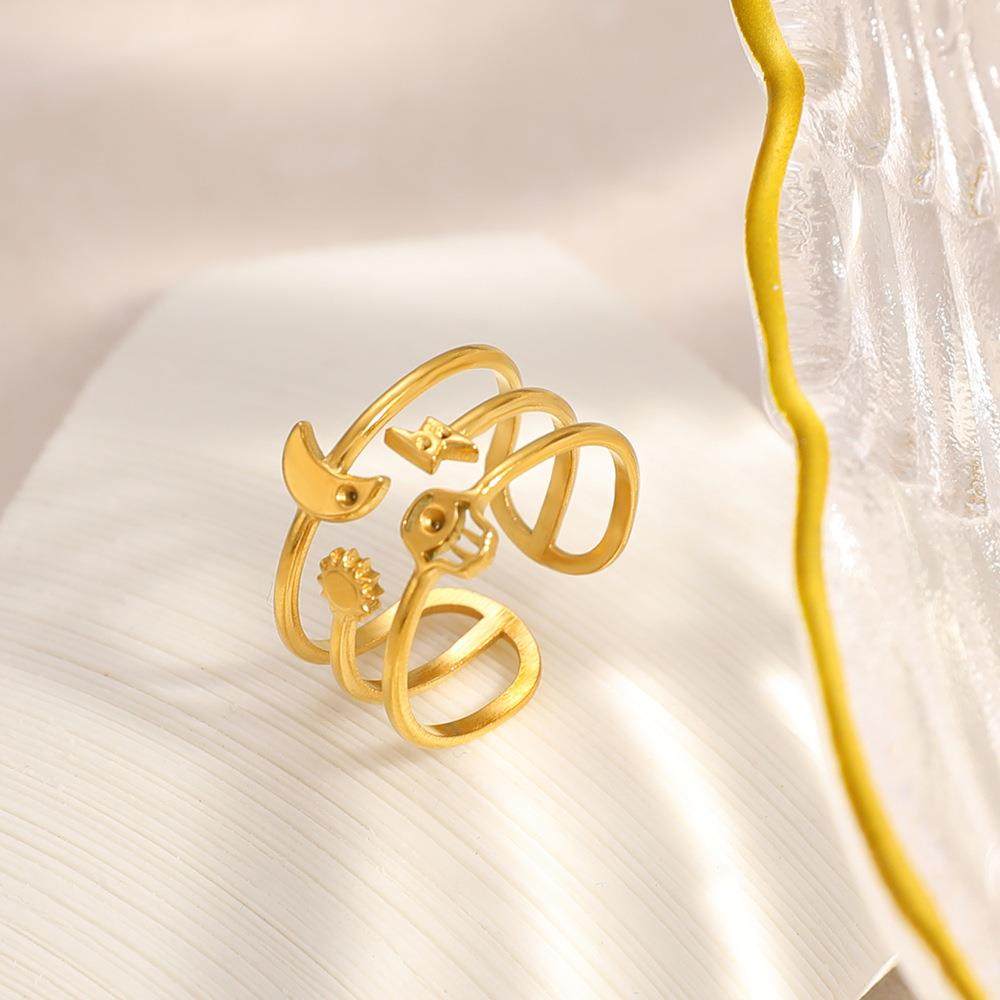 欧美不锈钢戒指镂空环形太阳月亮闪电简约时尚开口可调节防水手饰