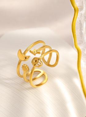 欧美不锈钢戒指镂空环形太阳月亮闪电简约时尚开口可调节防水手饰