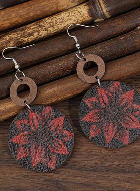 eBay跨境新款复古风几何形印刷花瓣气质民族木质耳环耳饰