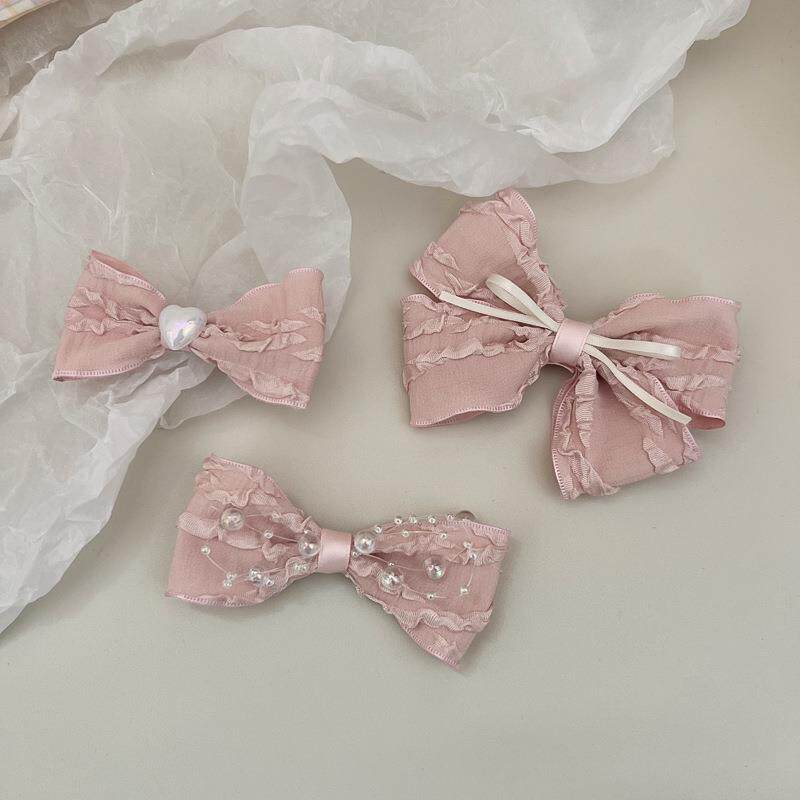 甜美风可爱蝴蝶结布艺发夹新款少女珍珠丝带粉色发夹盘发发饰