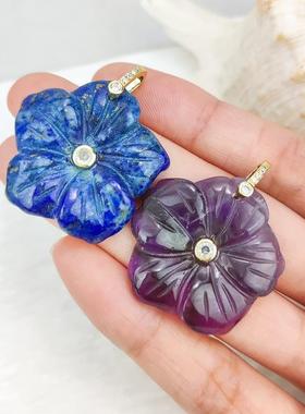 挂坠石天然水晶彩萤跨境桃花立体挂坠天然吊坠青金新品花朵绿东陵