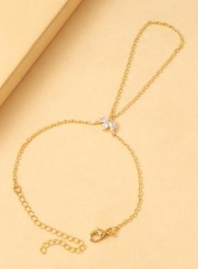 跨境爆火叶子连指手链女简约夏季沙滩派对水钻手背链戒指一体手饰