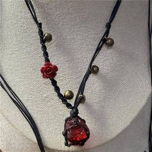 彼岸花暗黑风水晶原石吊坠红琉璃打磨手工编织颗调节网兜项链