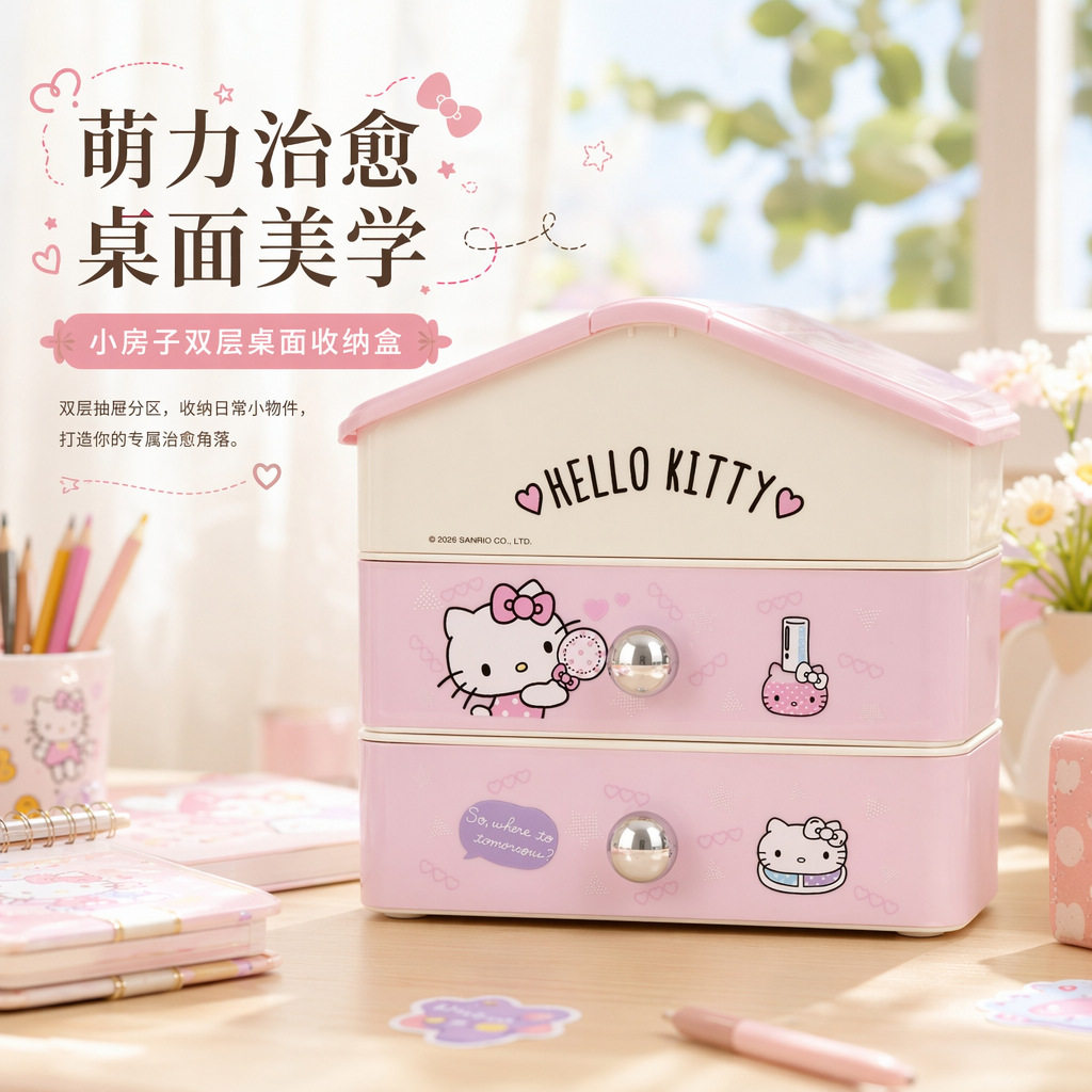 正版hellokitty小房子储物盒学生宿舍置物盒双层桌面萌趣整理盒