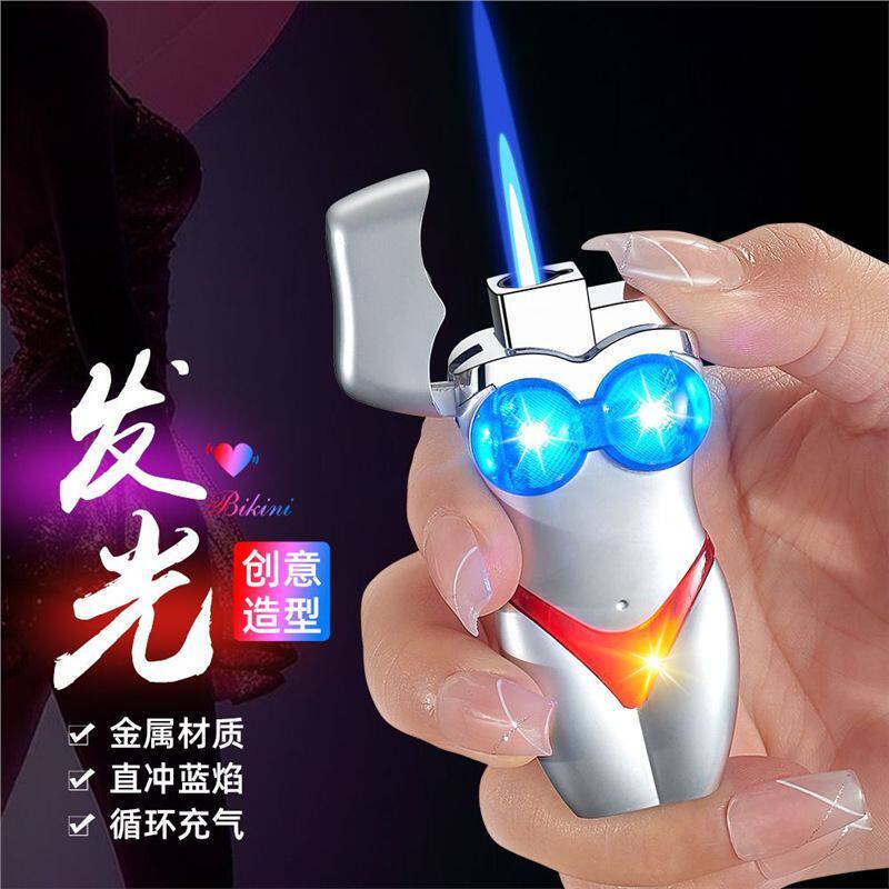新款网红奇葩创意发光比基尼美女防风打火机造型充气金属送朋友