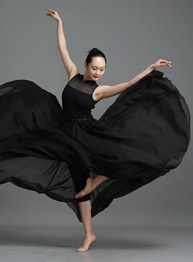 720度舞蹈大摆裙黑色半身练习纱裙现代古典舞练功演出服雪纺长裙