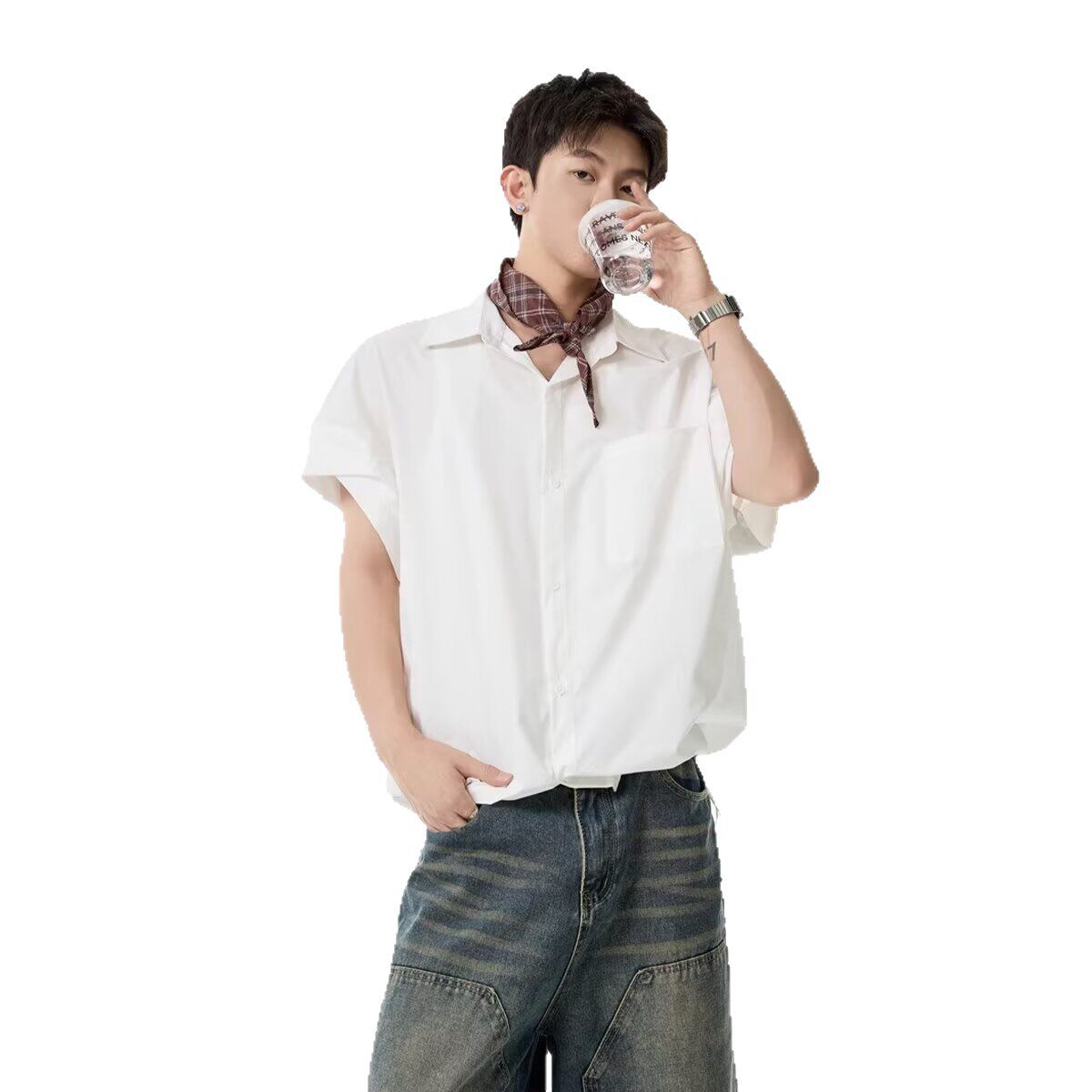 卡其工装短袖衬衫男美式宽松