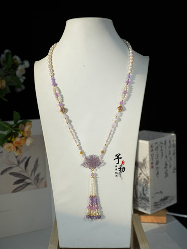 【紫荷】手雕莹石荷花珍珠编织长璎珞汉服配饰紫色仙气