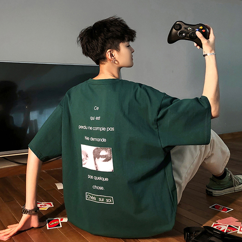 热销0件正品保证ins风韩版欧美风嘻哈印花短袖潮牌宽松圆领bf男生t恤绿色夏季潮流