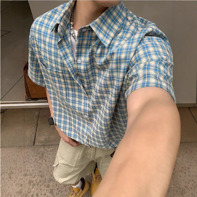 美式复古格子短袖衬衫男夏季
