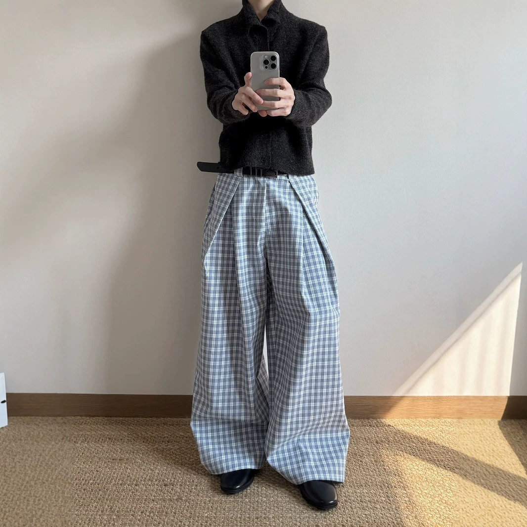 老钱风街头简约打褶cleanfit立体baggy格子纹阔腿休闲裤西裤男女