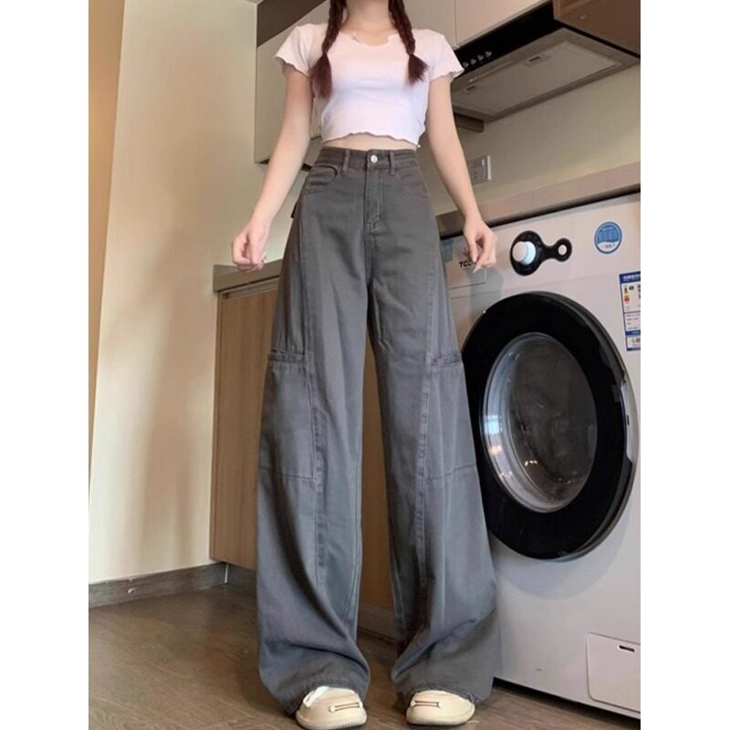 小个子美式灰色阔腿工装裤女秋冬季新款宽松身材显瘦直筒牛仔裤子