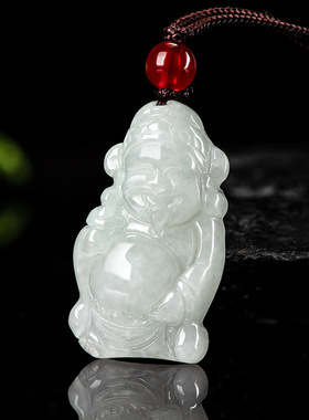 天然正品缅甸A货翡翠浅绿财神吊坠冰种玉石通财男女挂件玉佩玉器