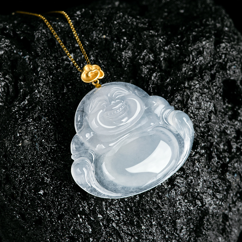 天然正品缅甸a货翡翠佛公弥勒佛吊坠18K金镶项链冰种玉石挂件女款