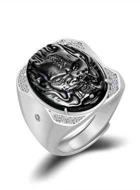 天然墨翠A货翡翠龙头戒指S925银镶冰种玉石大气指环男款可调节