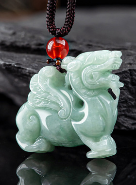 天然正品缅甸A货浅绿翡翠飞天麒麟吊坠冰种玉石镂空挂件玉器挂坠
