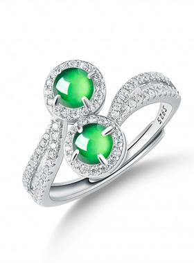 天然A货翡翠阳绿双蛋面玉石戒指S925银镶时尚高档女款手饰可调节