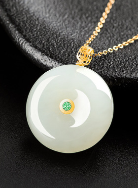 天然正品老料和田玉白玉平安扣吊坠正品18K金镶玉石挂件项链女款