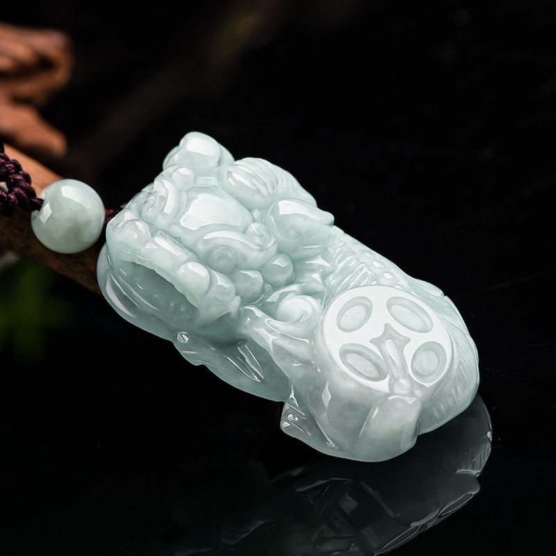 天然缅甸A货翡翠如意金钱霸王貔貅糯种玉石吊坠通财皮丘男女挂件