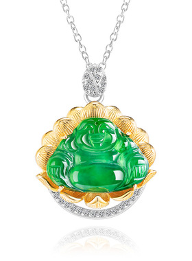 天然a货翡翠阳绿佛公S925银镶冰种玉石吊坠玉坠女款项链时尚挂件