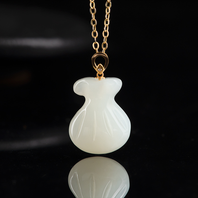 天然老料和田玉白玉福袋吊坠钱袋18K金镶玉石项链挂件男士女款