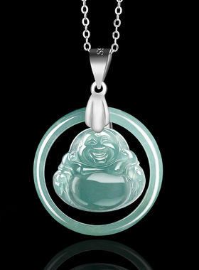 天然a货翡翠蓝水玉环佛公心中有佛吊坠S925银扣冰种玉石男女挂件