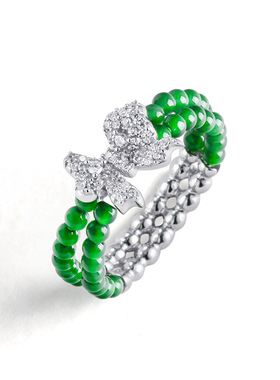 正品S925银镶嵌天然A货翡翠阳绿小米珠冰种玉石戒指时尚高档女款