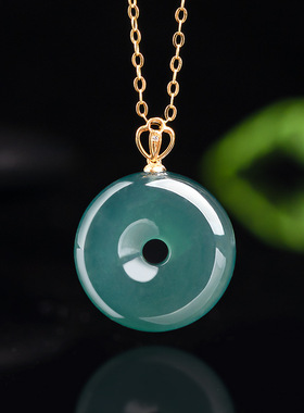 高档天然A货翡翠蓝水平安扣吊坠冰种玉石18K镶嵌挂件女士项链时尚