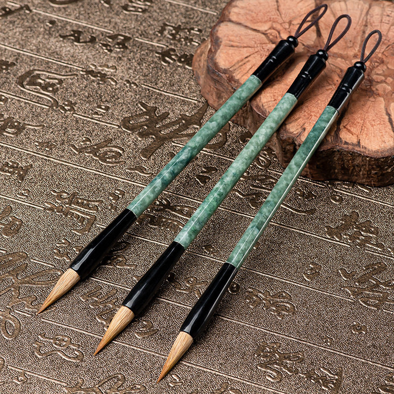 天然翡翠A货毛笔豆种玉石摆件书法文房四宝抄经练字学生送礼高档