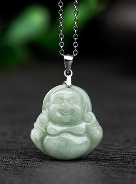 天然缅甸a货翡翠浅绿小佛公笑佛吊坠S925银项链冰种玉石挂件女款