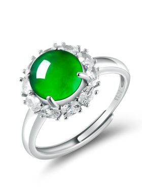 S925银镶嵌天然A货翡翠阳绿大蛋面戒指冰种玉石奢华简洁指环女戒