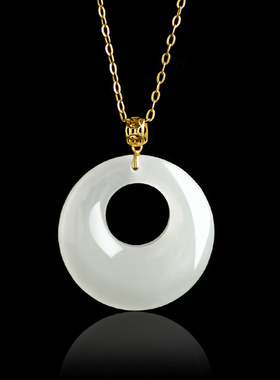 天然老料和田玉白玉环吊坠正品18K镶嵌金玉石简洁挂件项链男女款