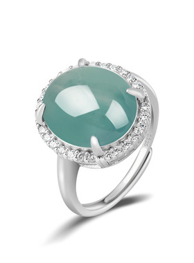 天然A货翡翠蓝水大蛋面戒指冰种玉石时尚指环S925银镶女戒可调节v