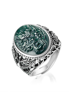 S925银泰银镶天然墨翠A货翡翠龙头戒指玉石复古指环男款可调节