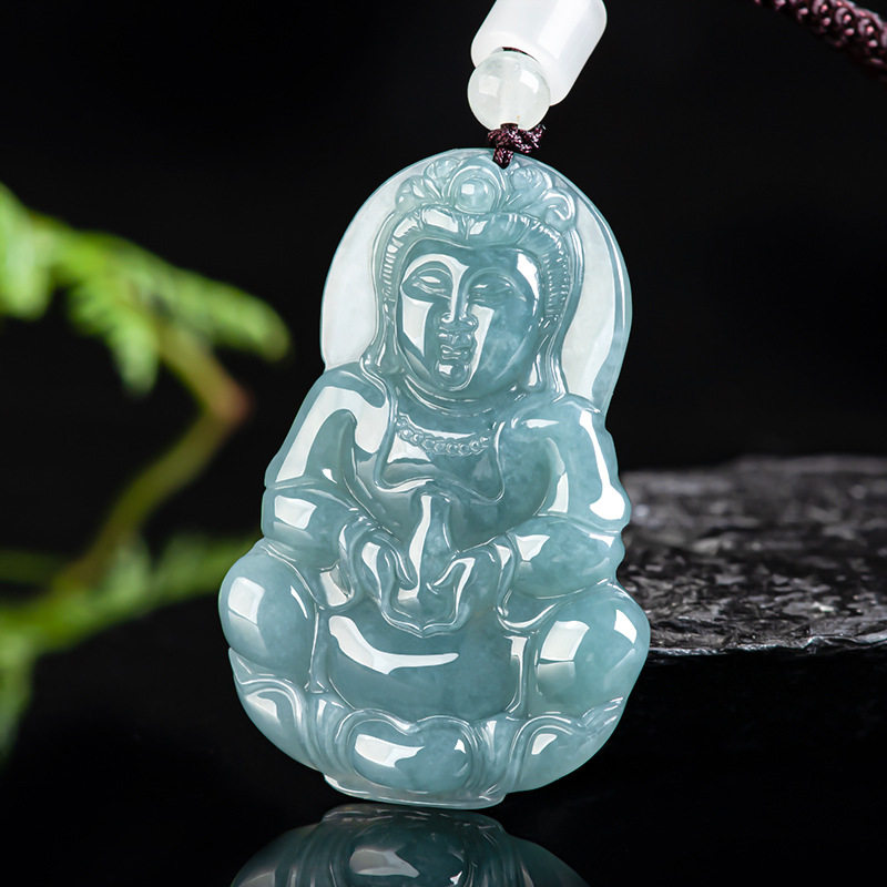 正品天然A货翡翠蓝水大号观音吊坠冰种玉石挂坠挂件男女款保平安