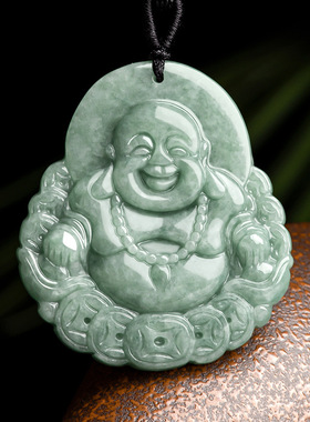 天然正品a货翡翠豆种金钱笑佛弥勒佛通财吊坠玉石男女款挂件玉器